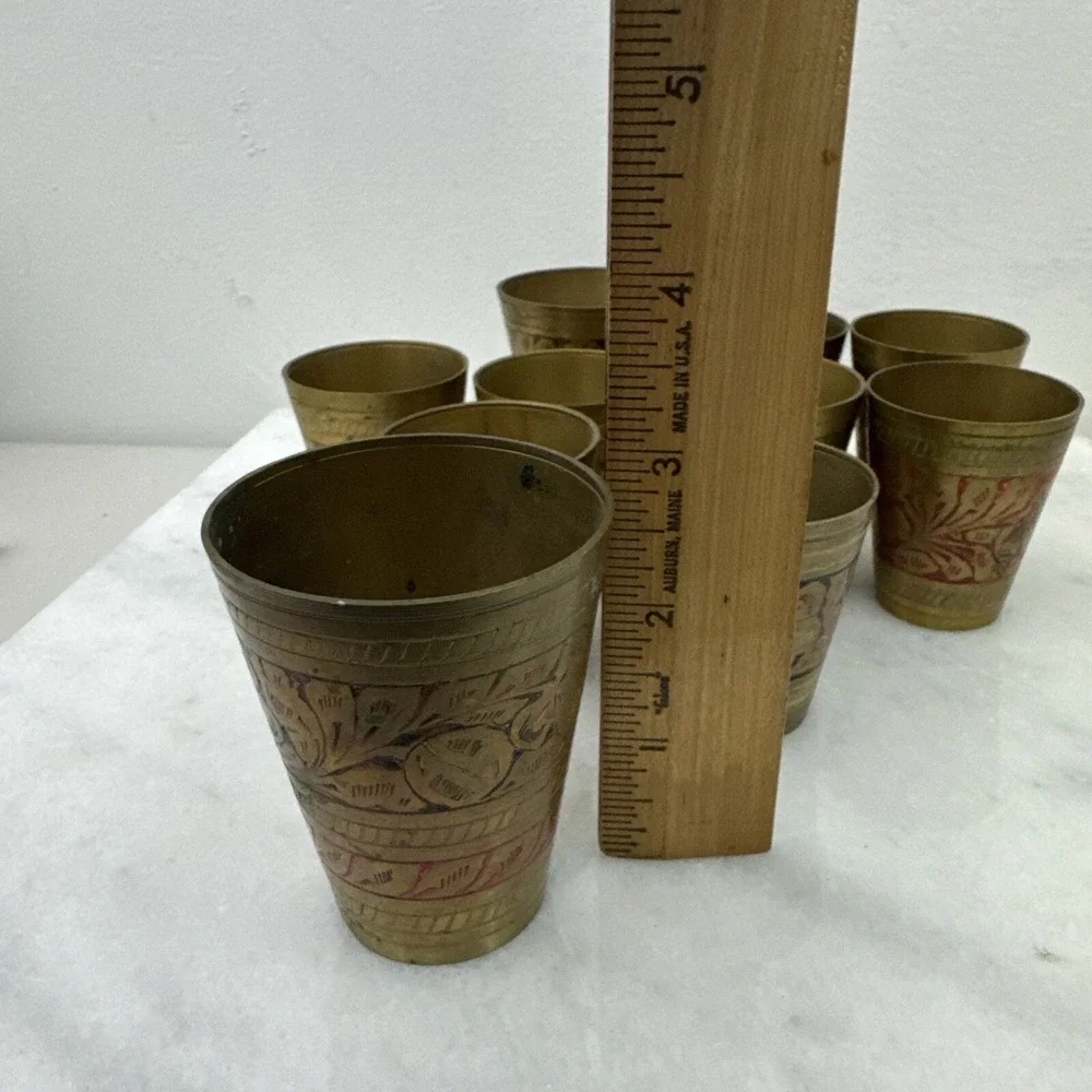 Six Vintage Middle Eastern Engraved Design Metal Chi/Tea Cups